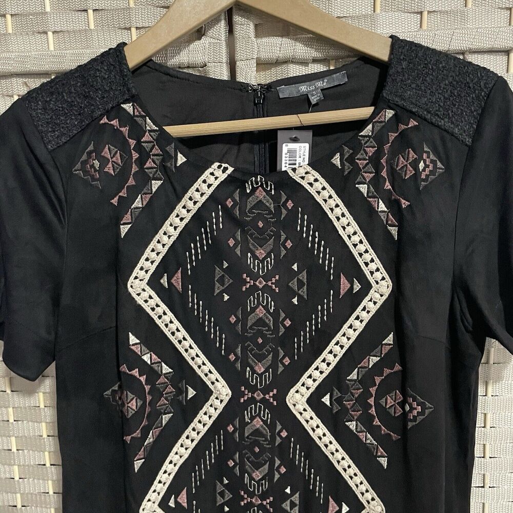 Miss Me Faux Suede Mini Sheath Dress Size S Black Short Sleeve Embroidered NEW - Picture 3 of 11